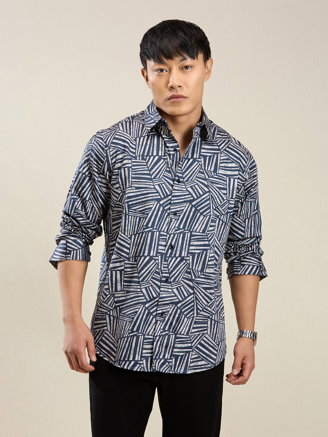 Men's Slim Fit Abstract Print Cotton Shirt - Navy & White