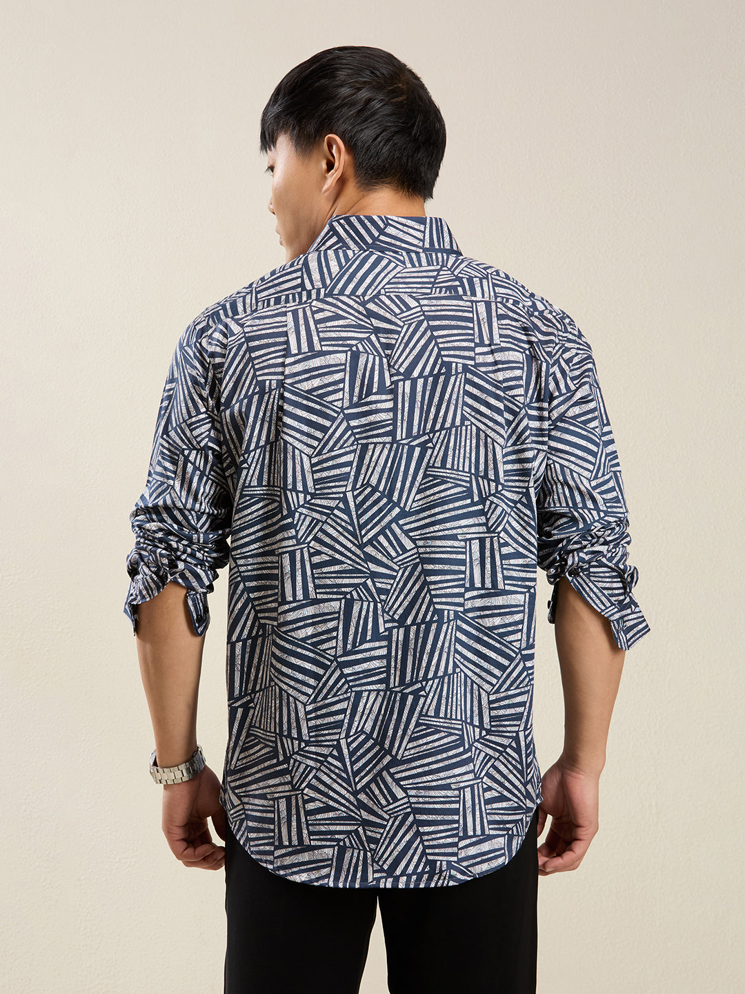 Men's Slim Fit Abstract Print Cotton Shirt - Navy & White