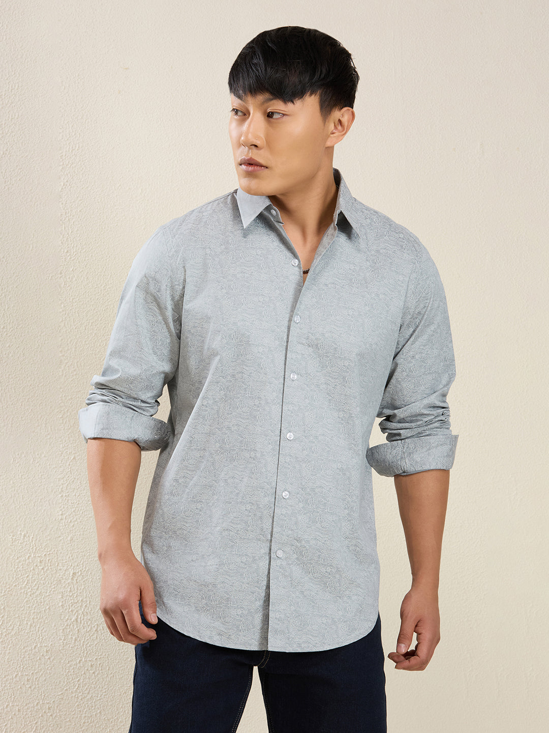 Men’s Grey Textured Print Cotton Shirt