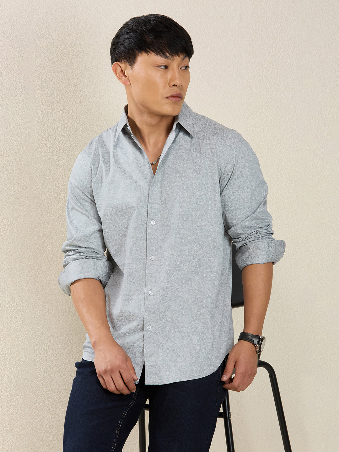 Men’s Grey Textured Print Cotton Shirt