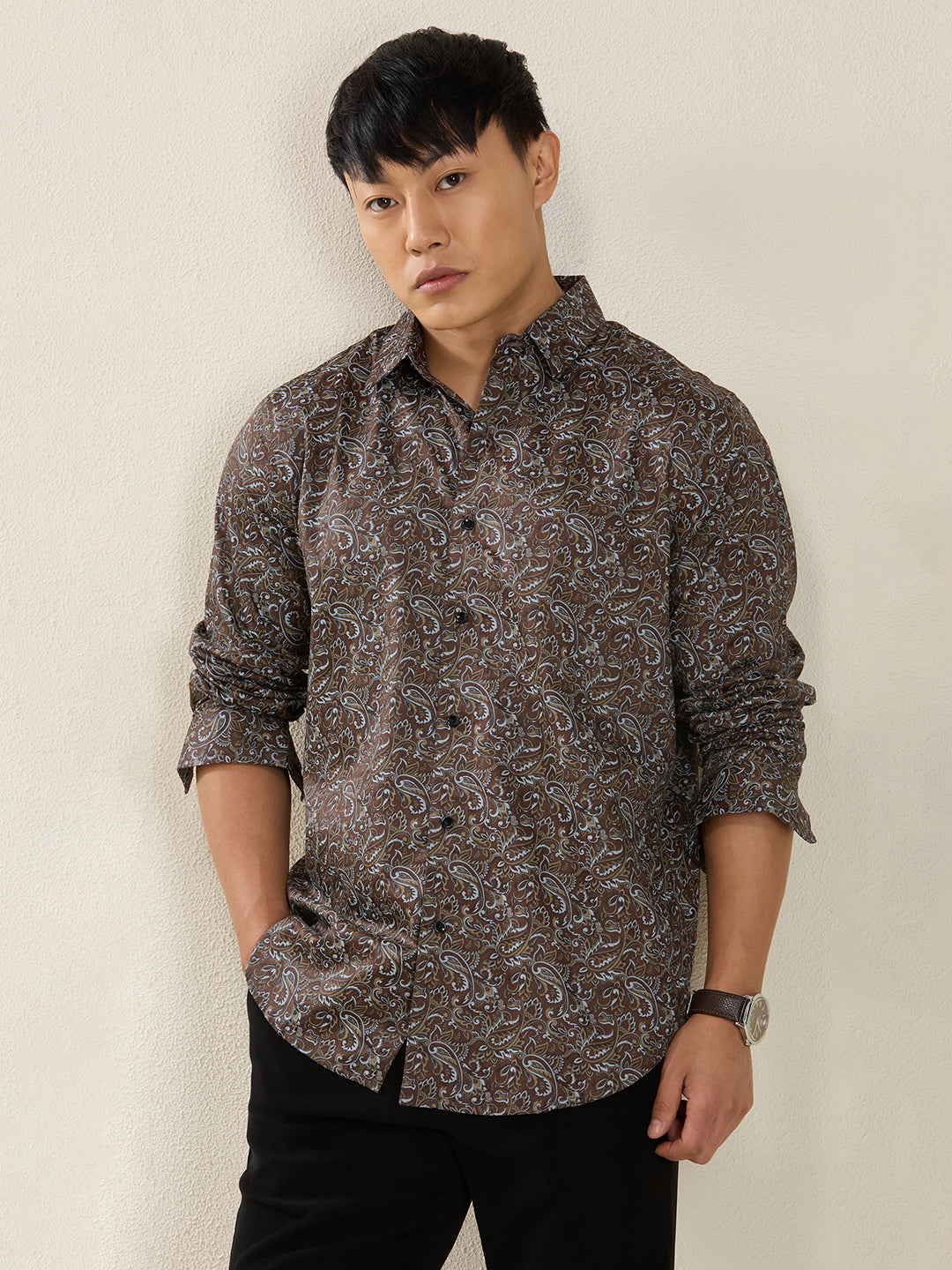 Men's Brown Paisley Print Cotton Shirt