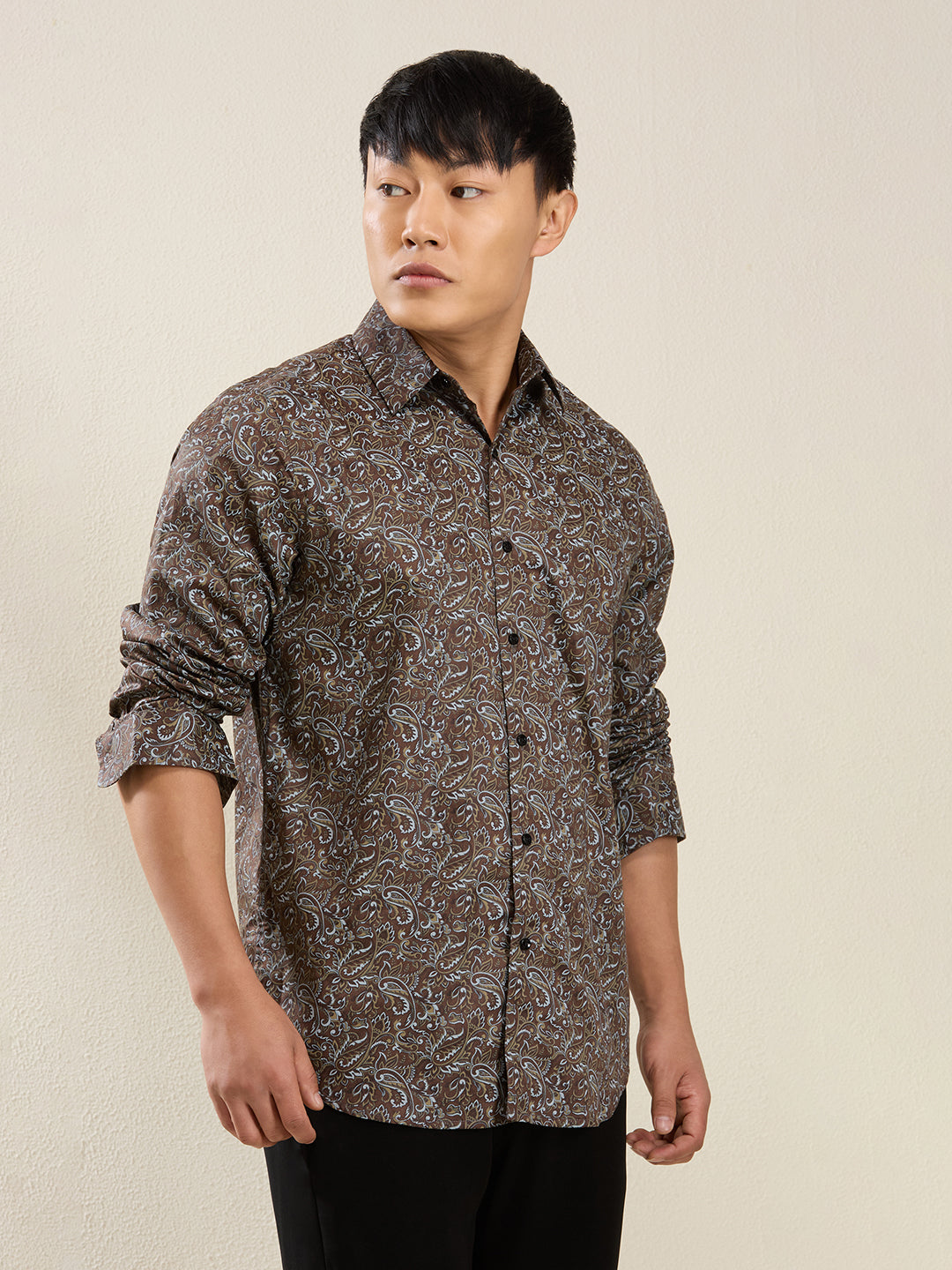 Men's Brown Paisley Print Cotton Shirt