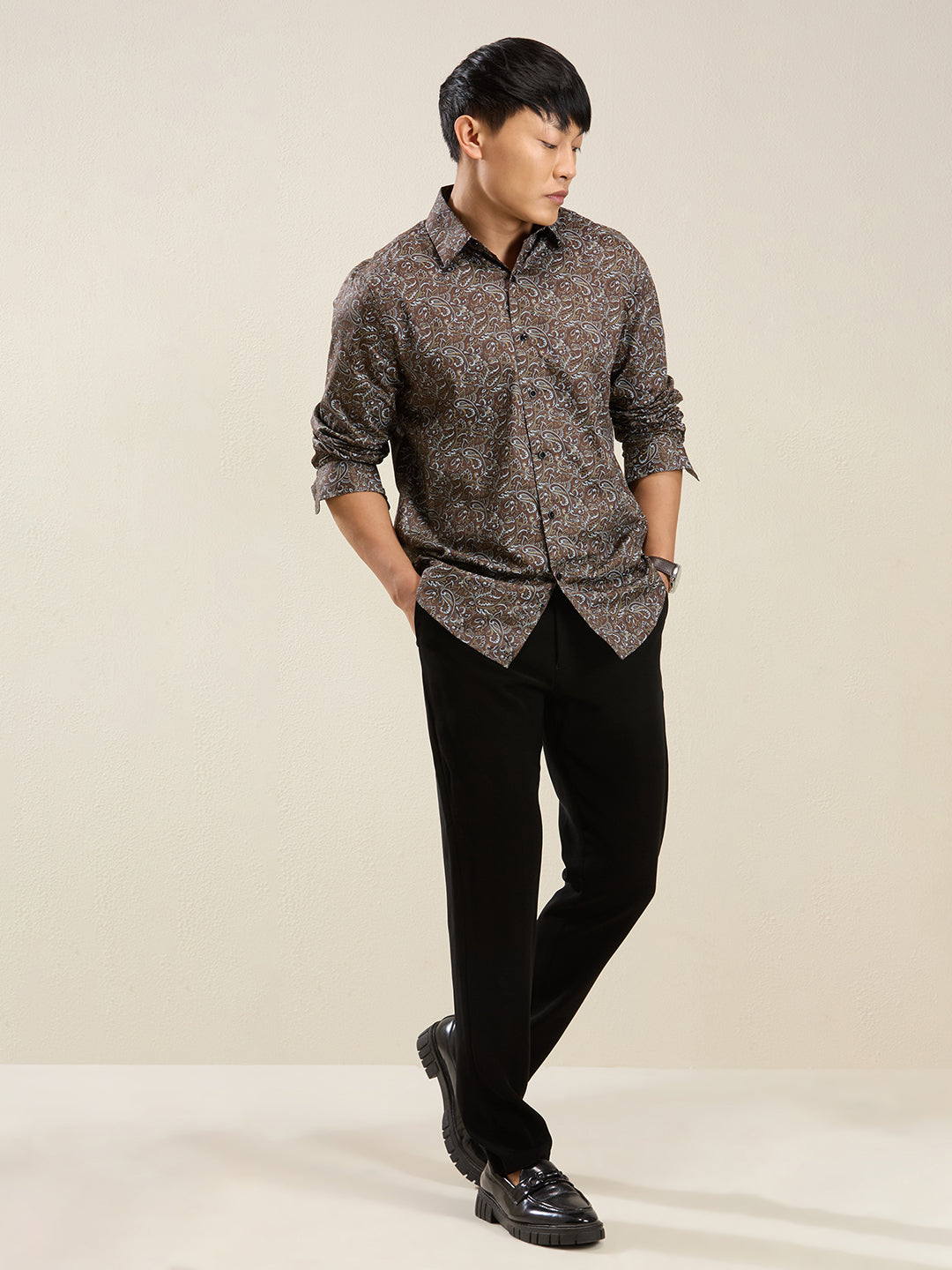 Men's Brown Paisley Print Cotton Shirt