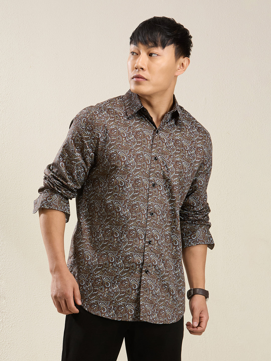 Men's Brown Paisley Print Cotton Shirt