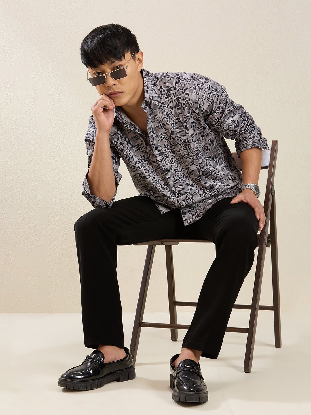 Men's Slim Fit Grey Geometric Print Cotton Shirt