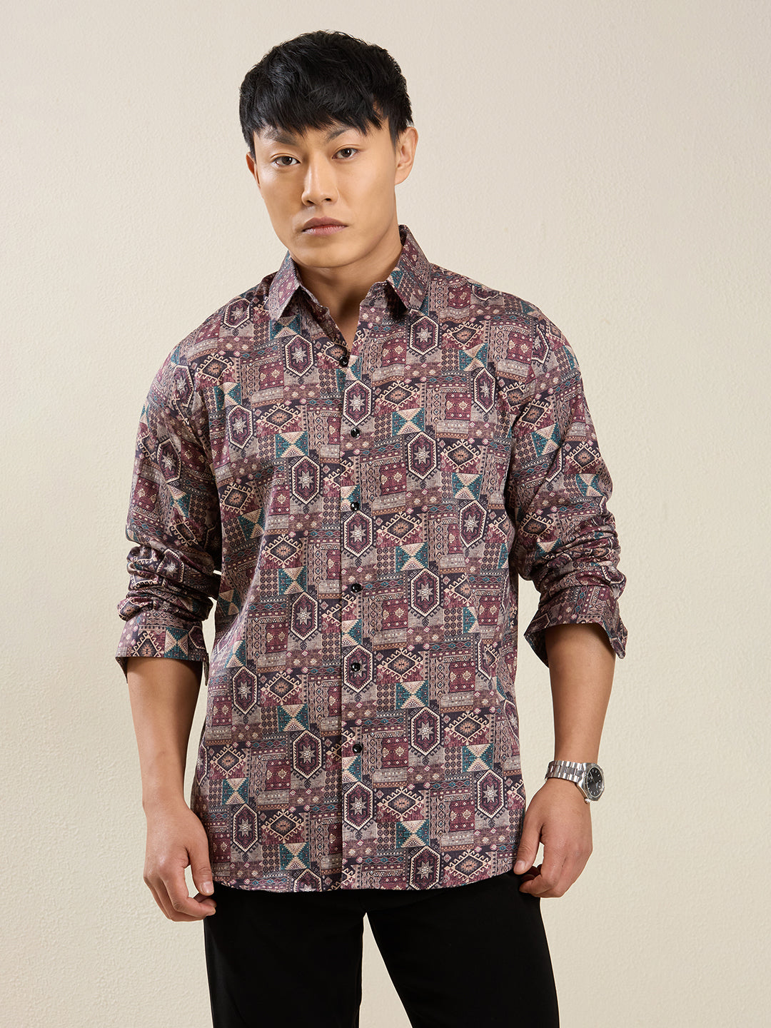 Men's Slim Fit Multi-Geometric Print Cotton Shirt