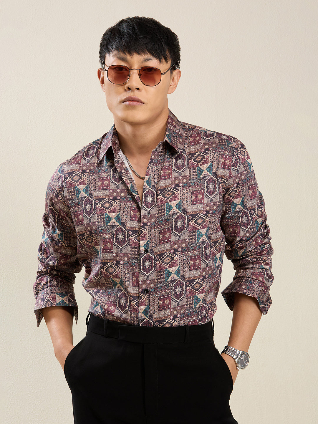 Men's Slim Fit Multi-Geometric Print Cotton Shirt