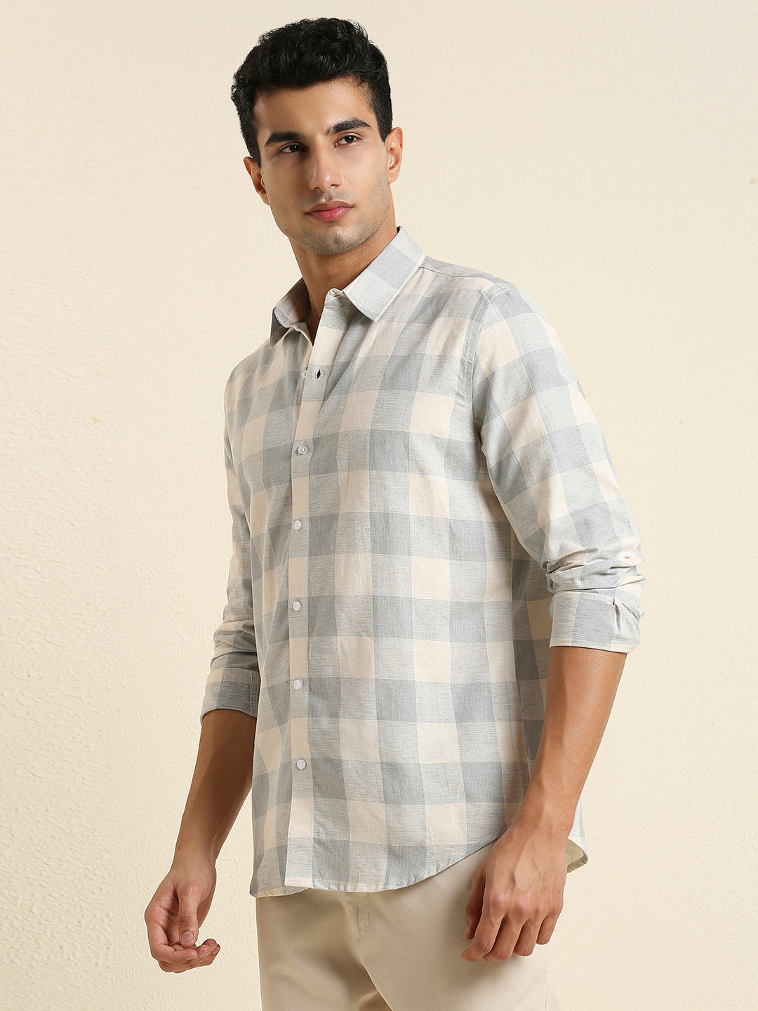 Men's Slim Fit Light Grey Buffalo Check Linen Shirt