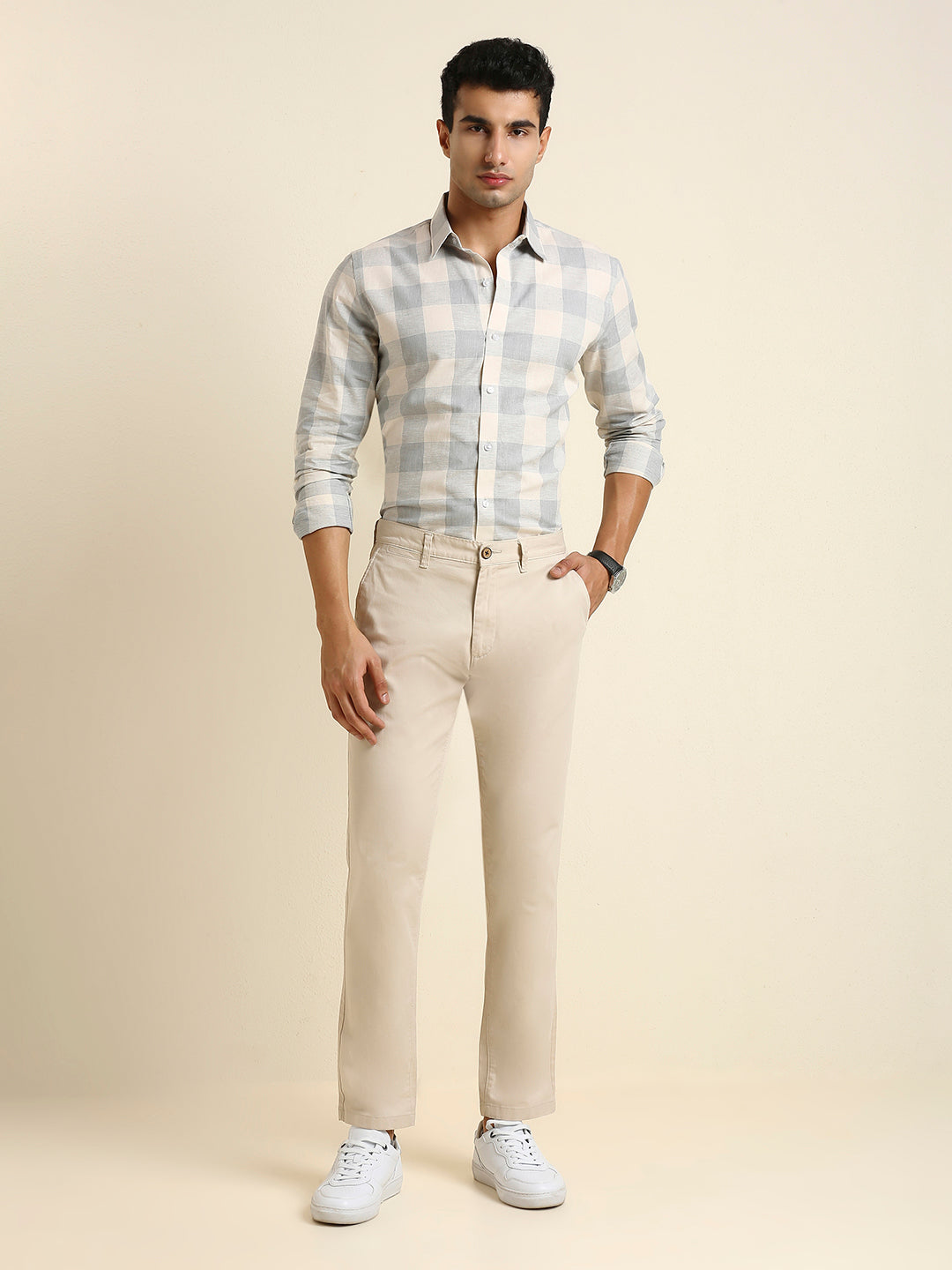 Men's Slim Fit Light Grey Buffalo Check Linen Shirt
