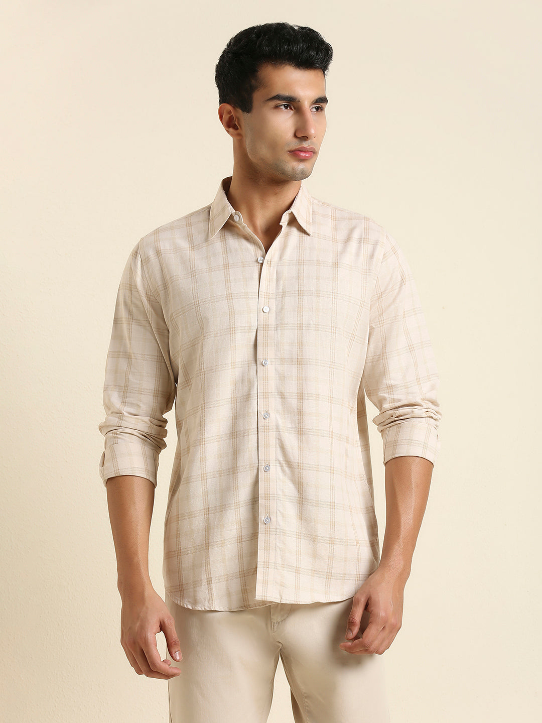 Men's Slim Fit Neutral Plaid Check Linen Shirt