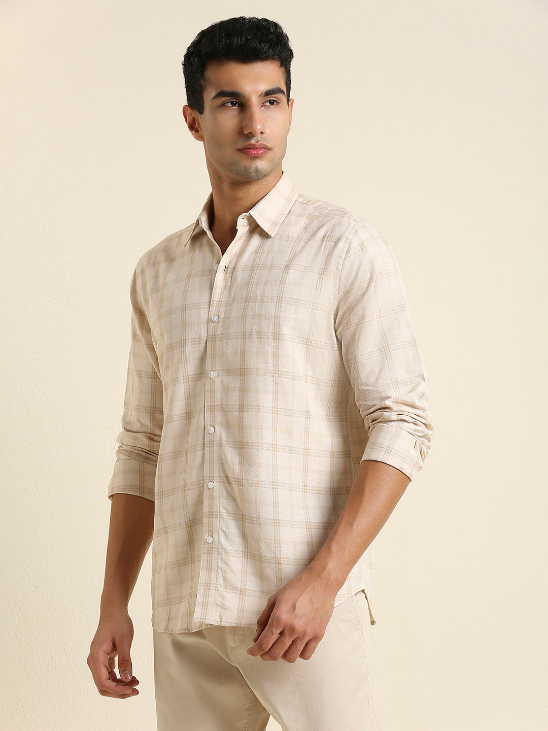 Men's Slim Fit Neutral Plaid Check Linen Shirt