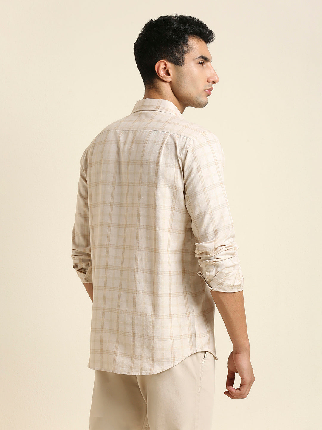Men's Slim Fit Neutral Plaid Check Linen Shirt