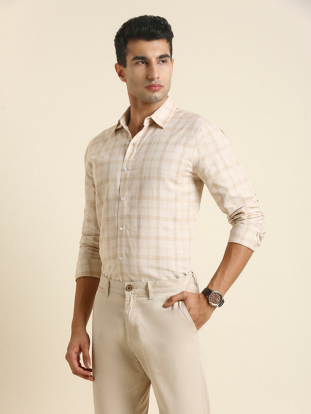 Men's Slim Fit Neutral Plaid Check Linen Shirt