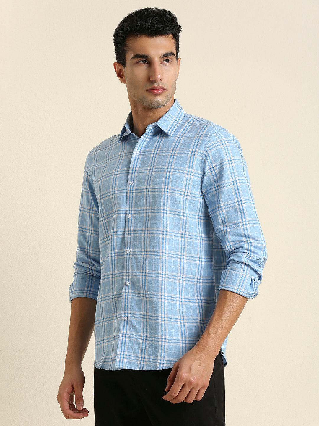Men's Slim Fit Sky Blue Plaid Check Linen Shirt