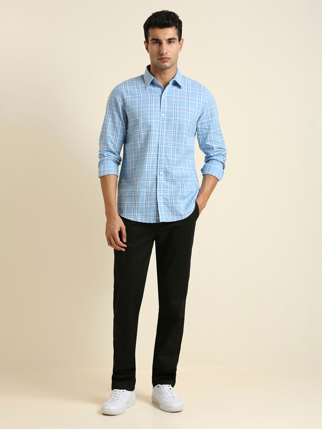 Men's Slim Fit Sky Blue Plaid Check Linen Shirt