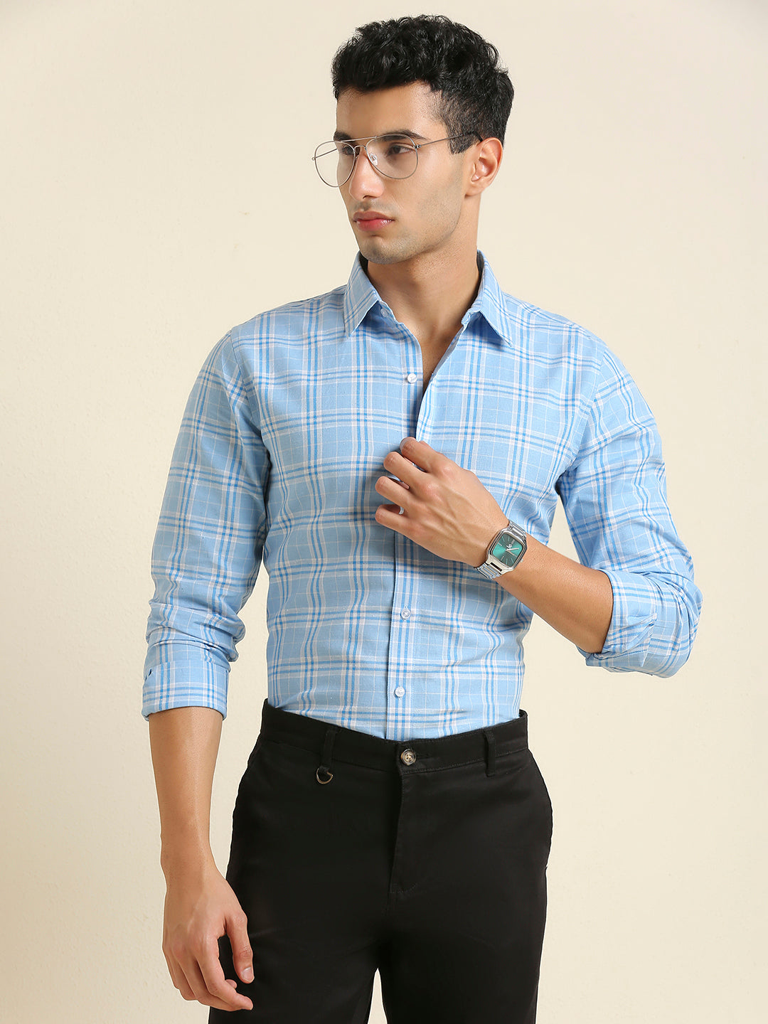 Men's Slim Fit Sky Blue Plaid Check Linen Shirt