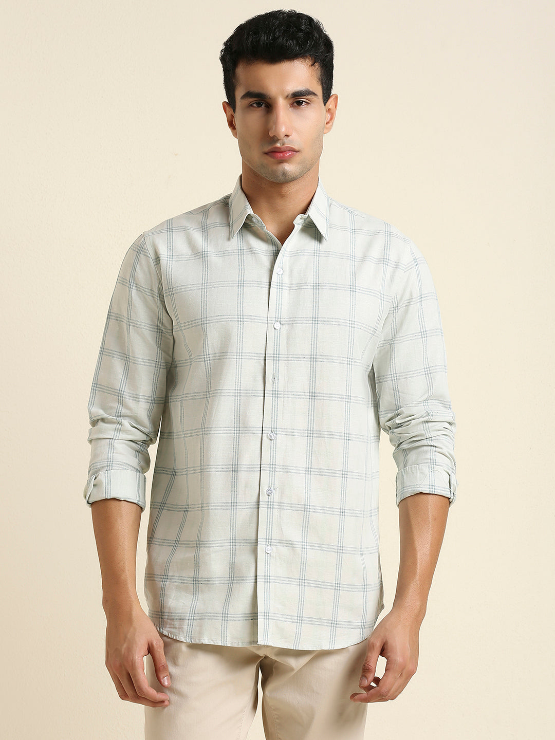 Men's Slim Fit Light Sage Plaid Check Linen Shirt