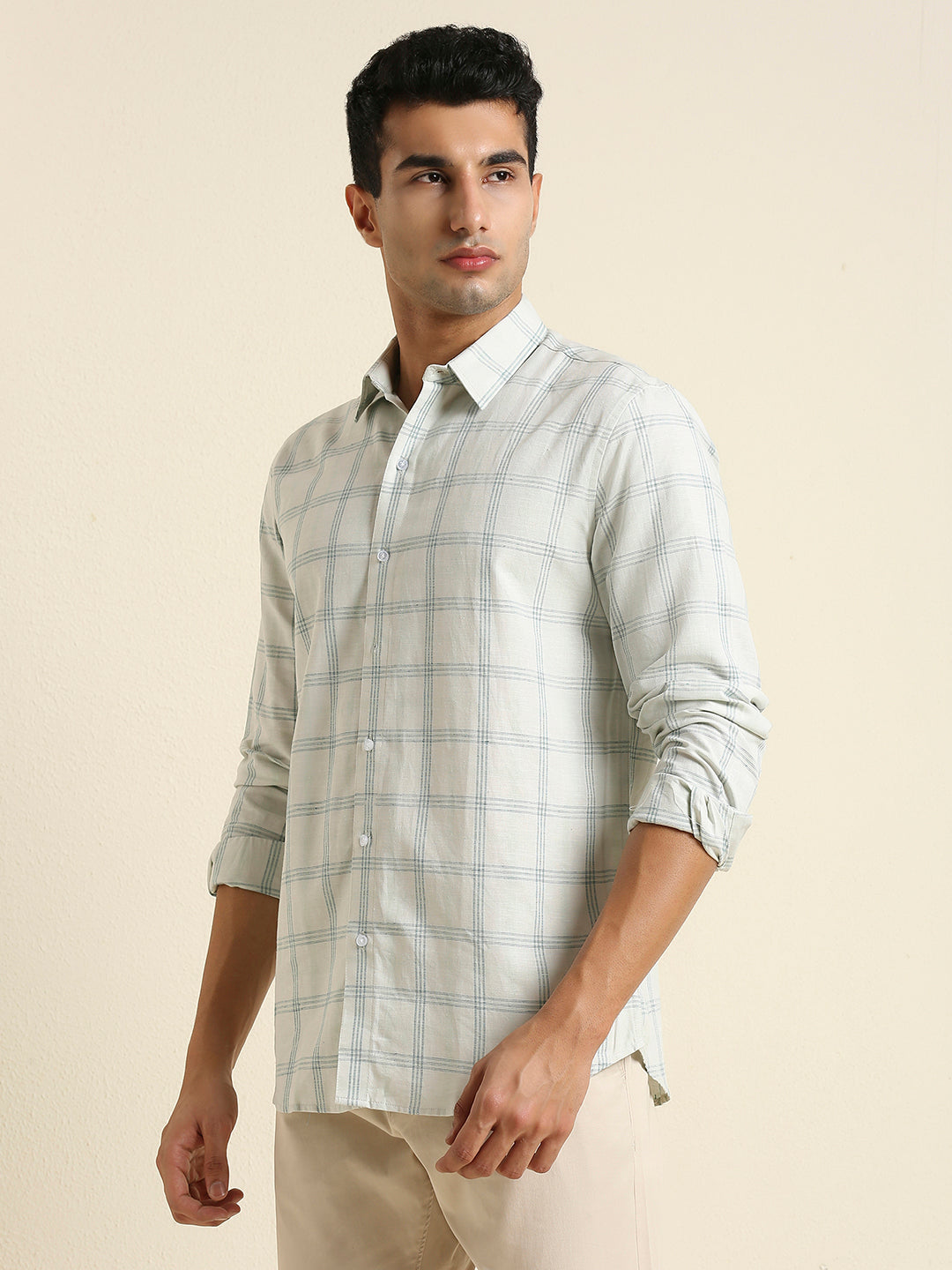 Men's Slim Fit Light Sage Plaid Check Linen Shirt