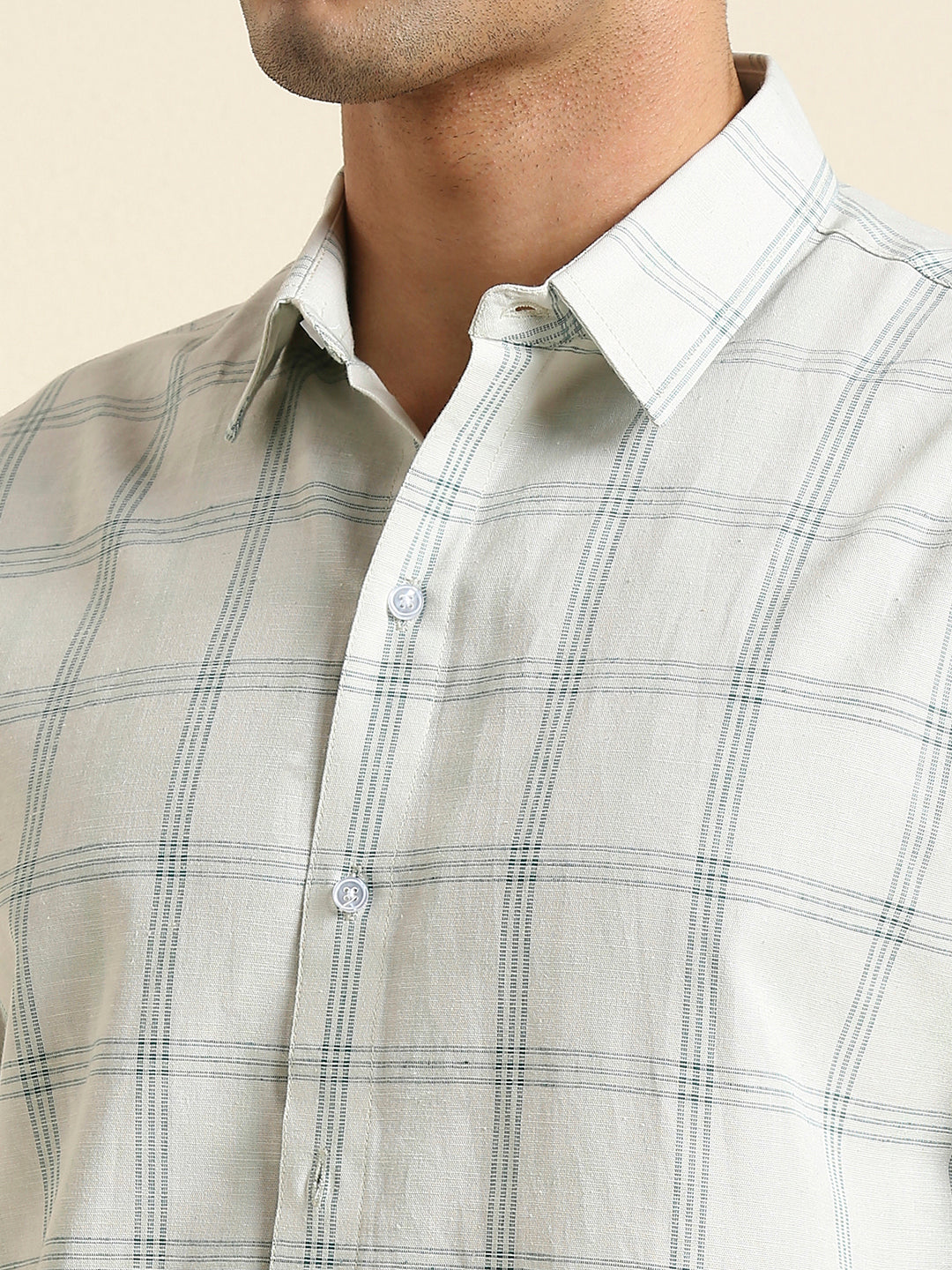 Men's Slim Fit Light Sage Plaid Check Linen Shirt