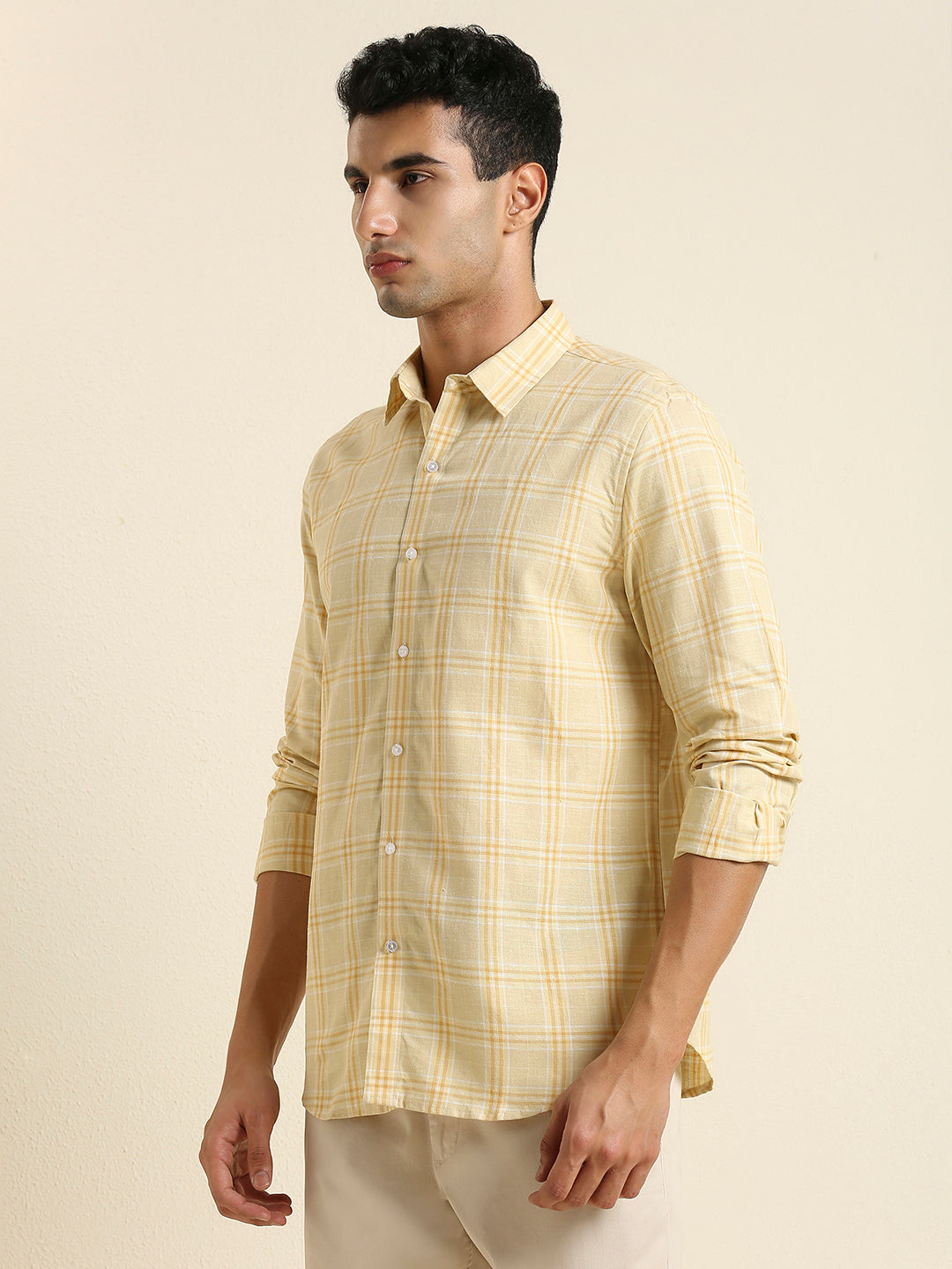 Men's Slim Fit Warm Yellow Plaid Check Linen Shirt