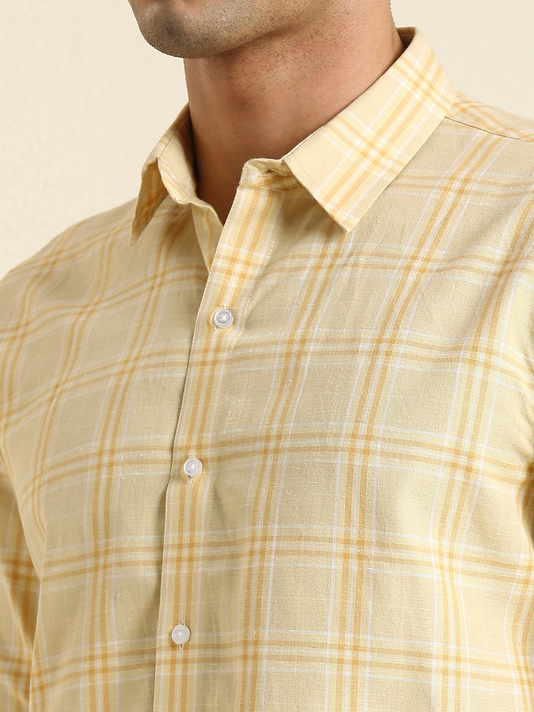 Men's Slim Fit Warm Yellow Plaid Check Linen Shirt