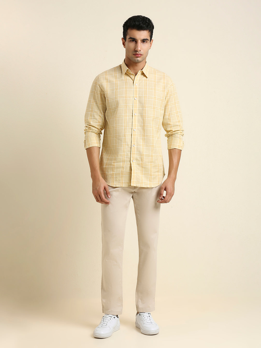 Men's Slim Fit Warm Yellow Plaid Check Linen Shirt