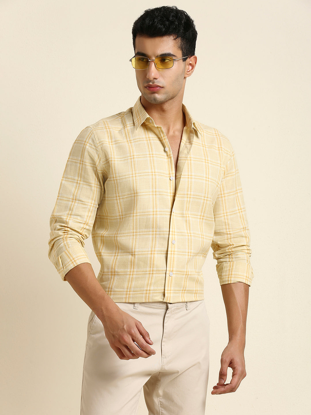 Men's Slim Fit Warm Yellow Plaid Check Linen Shirt