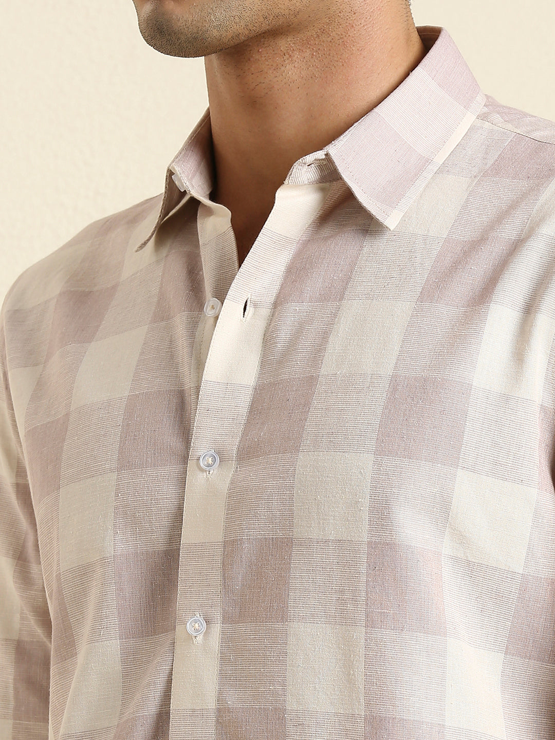 Men's Slim Fit Dusty Rose Buffalo Check Linen Shirt