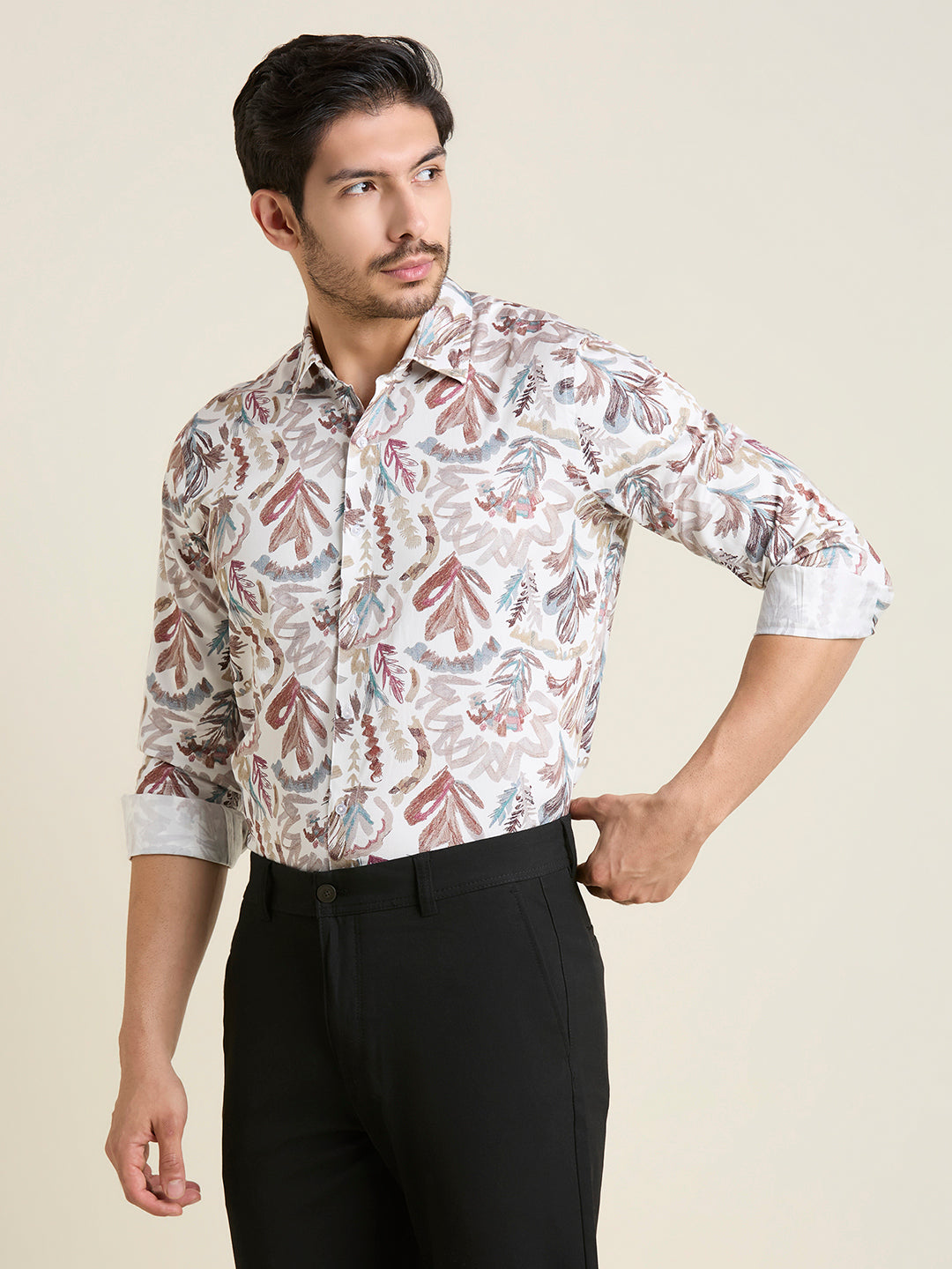 Men's Slim Fit White Abstract 100% Cotton Shirt | Mark & Albert
