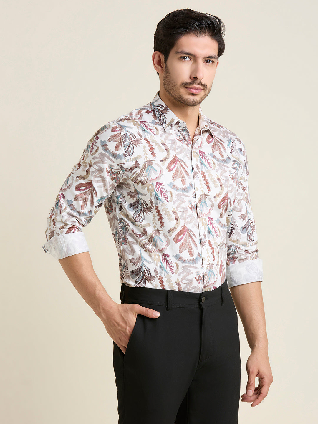 Men's Slim Fit White Abstract 100% Cotton Shirt | Mark & Albert