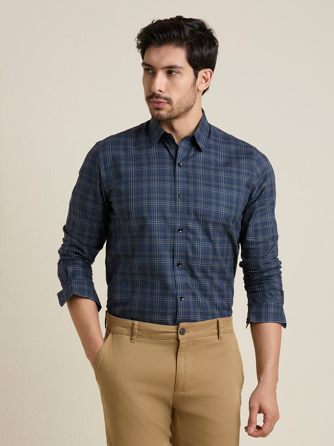 Men's Slim Fit Navy Plaid Checkered Cotton Shirt
