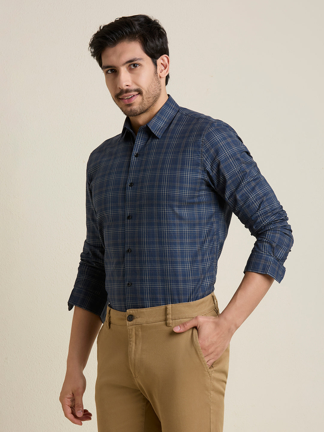 Men's Slim Fit Navy Plaid Checkered Cotton Shirt