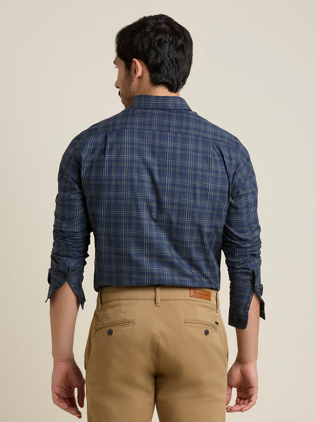 Men's Slim Fit Navy Plaid Checkered Cotton Shirt