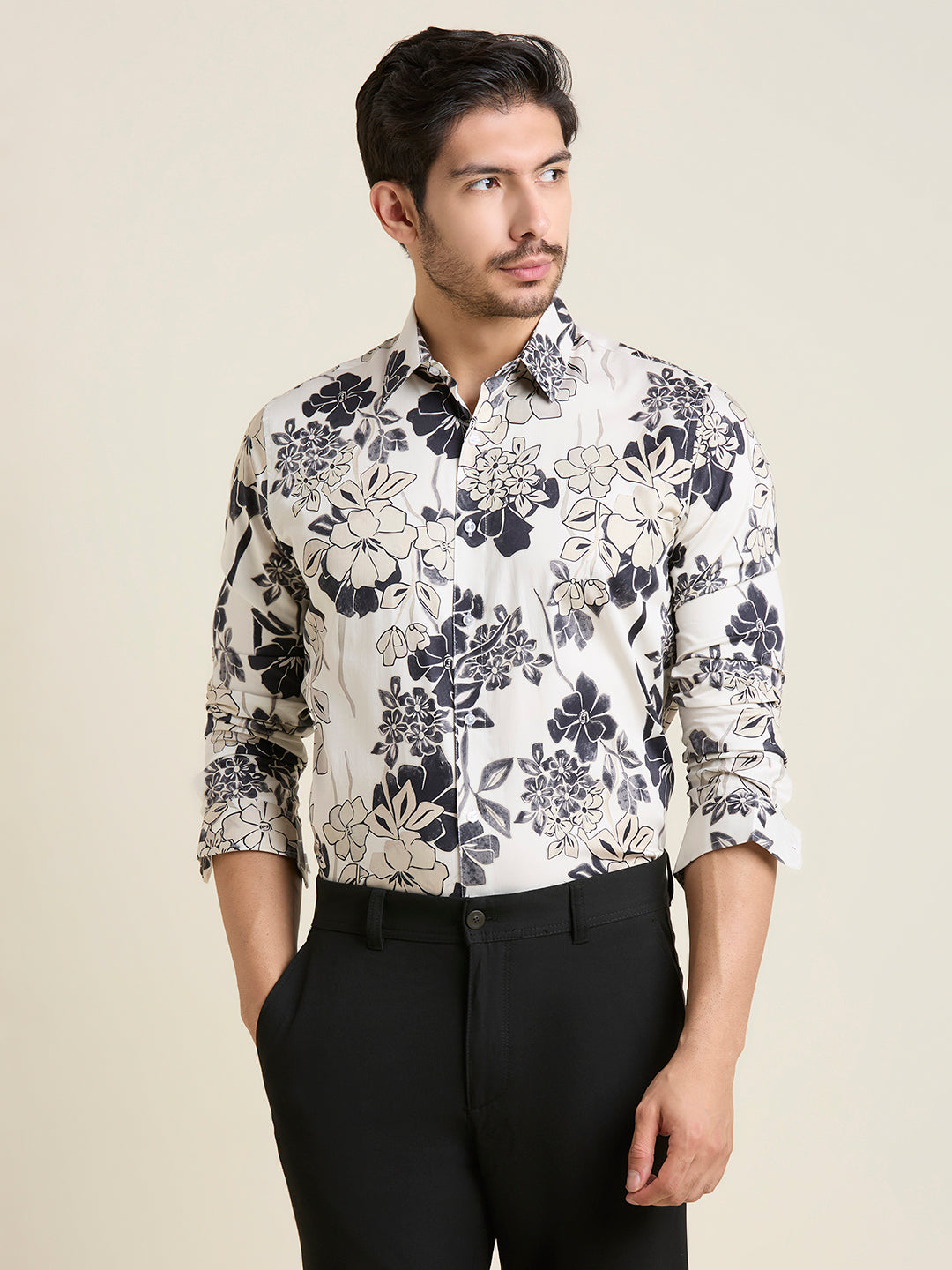 Slim Fit Ivory Mist Floral Giza Cotton Shirt
