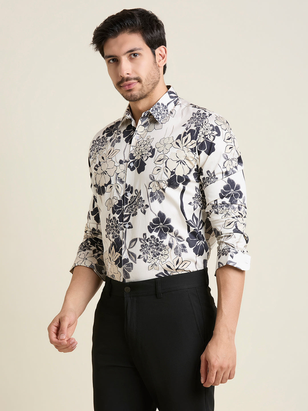 Men's Slim Fit Ivory Mist Floral 100% Giza Cotton Shirt | Mark & Albert