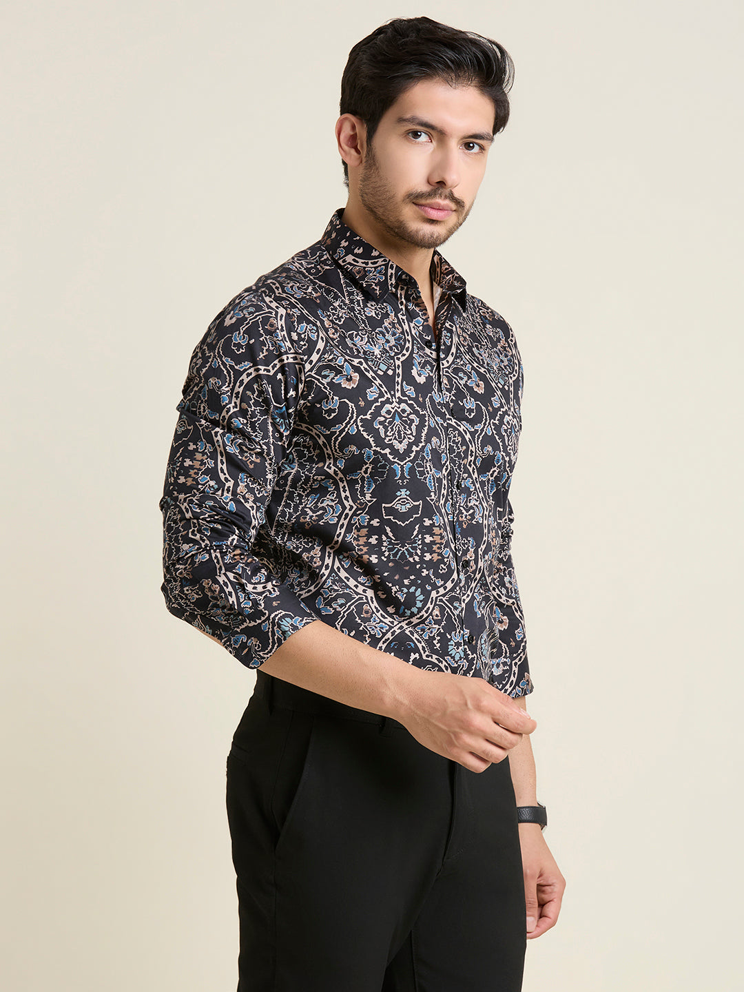 Men's Slim Fit Black Printed 100% Cotton Shirt | Mark & Albert