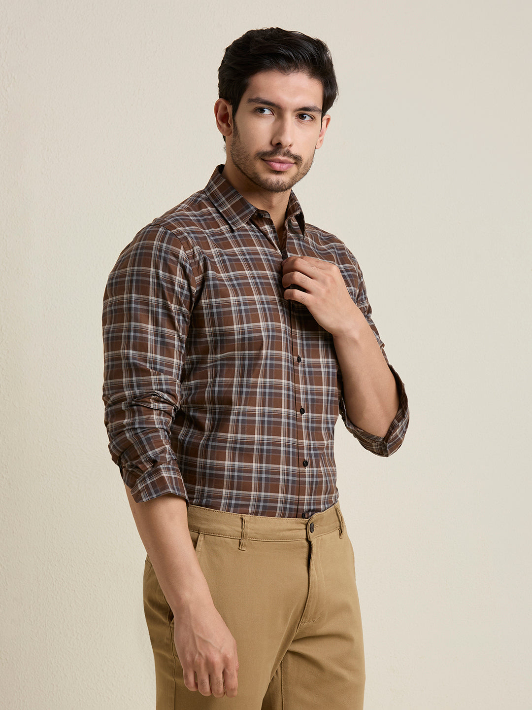 Men's Slim Fit Brown Plaid Checkered Cotton Shirt