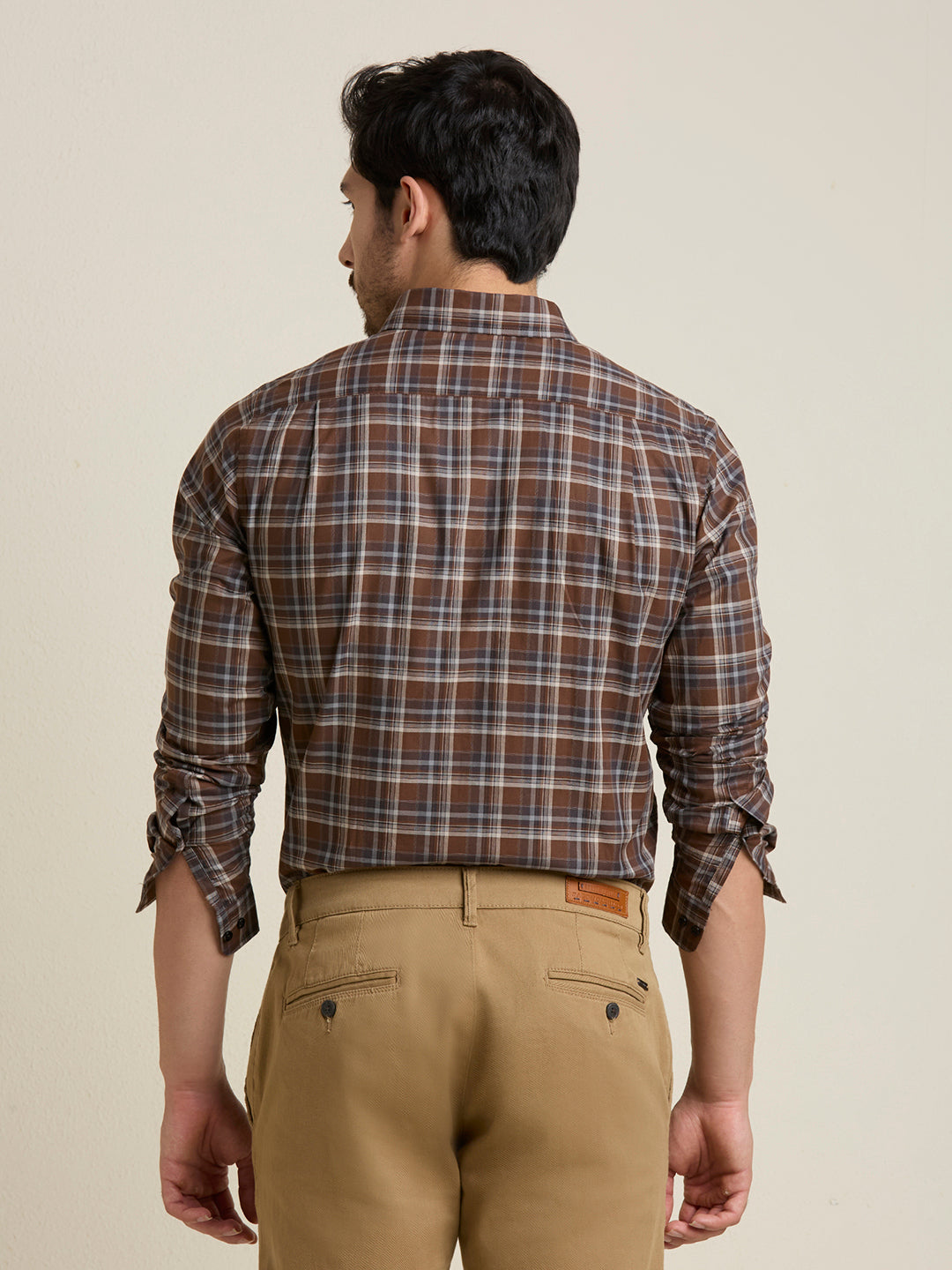Men's Slim Fit Brown Plaid Checkered Cotton Shirt