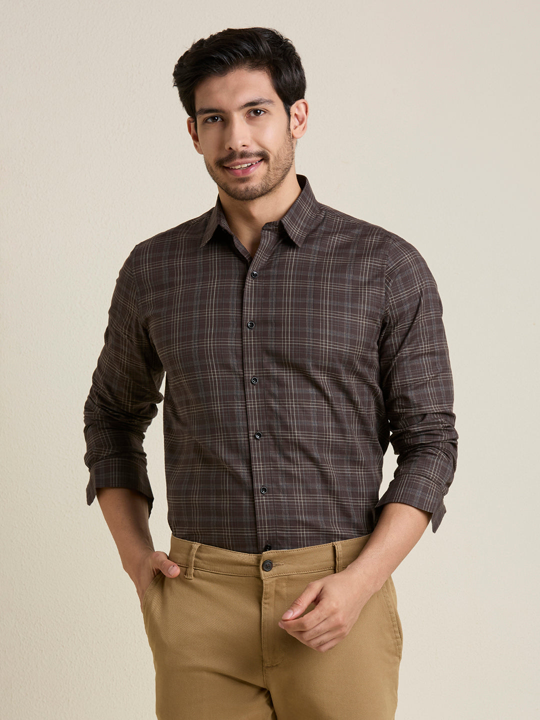 Men's Slim Fit Brown Plaid Checkered Cotton Shirt