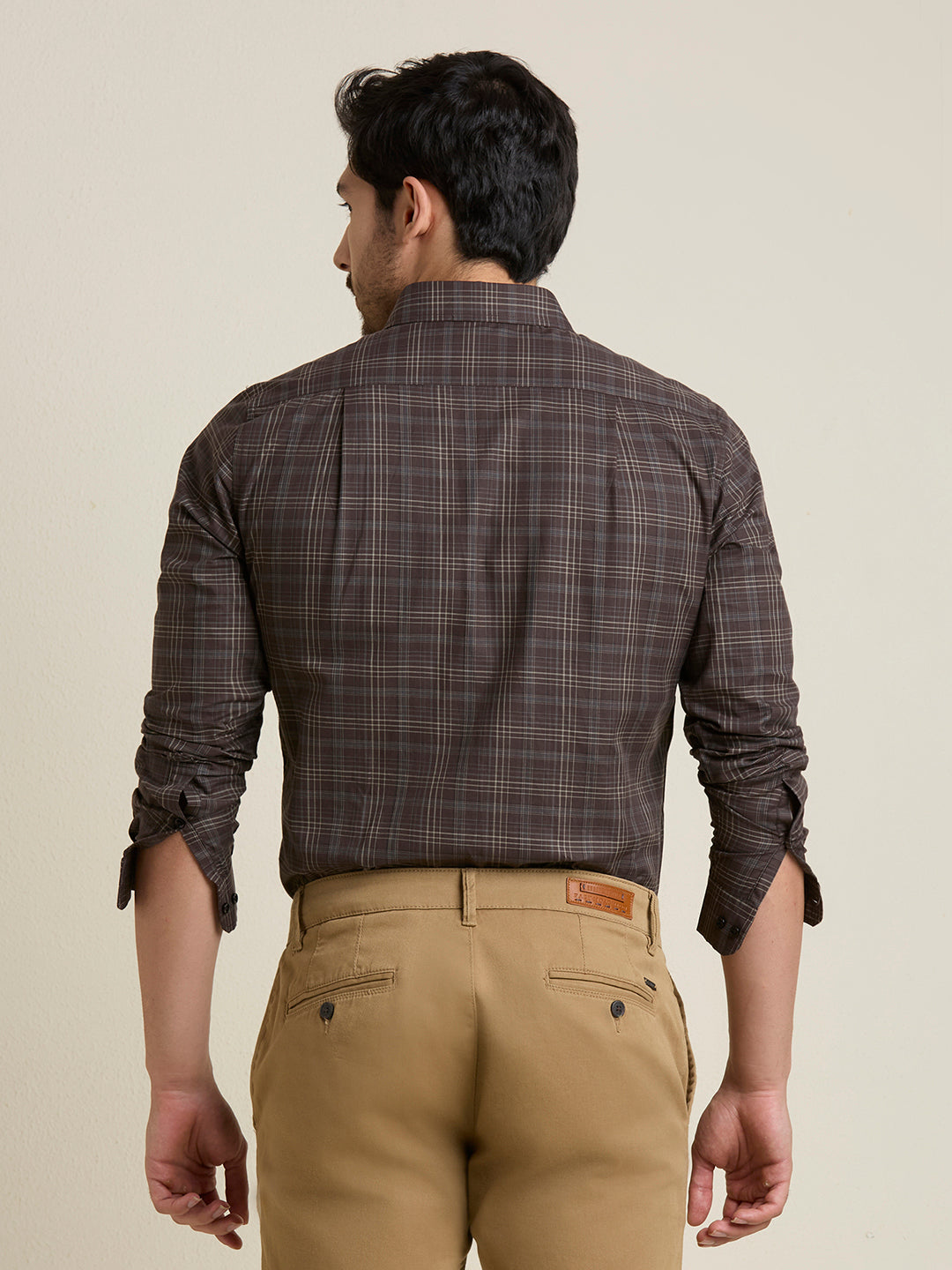 Men's Slim Fit Brown Plaid Checkered Cotton Shirt