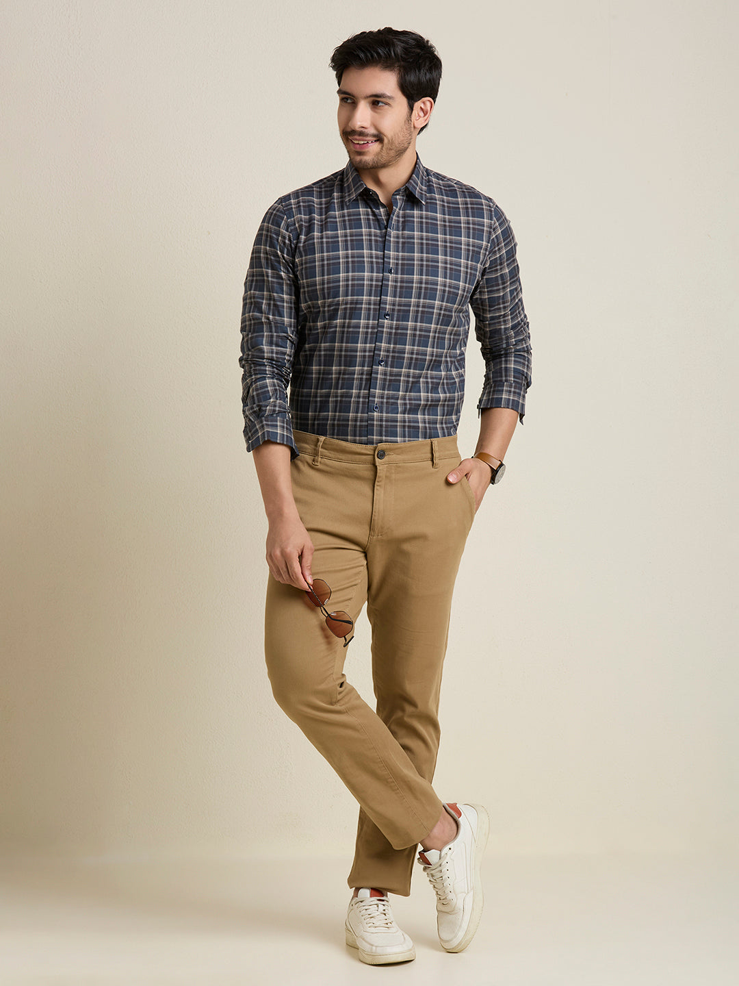 Men's Slim Fit Navy Plaid Checkered Cotton Shirt