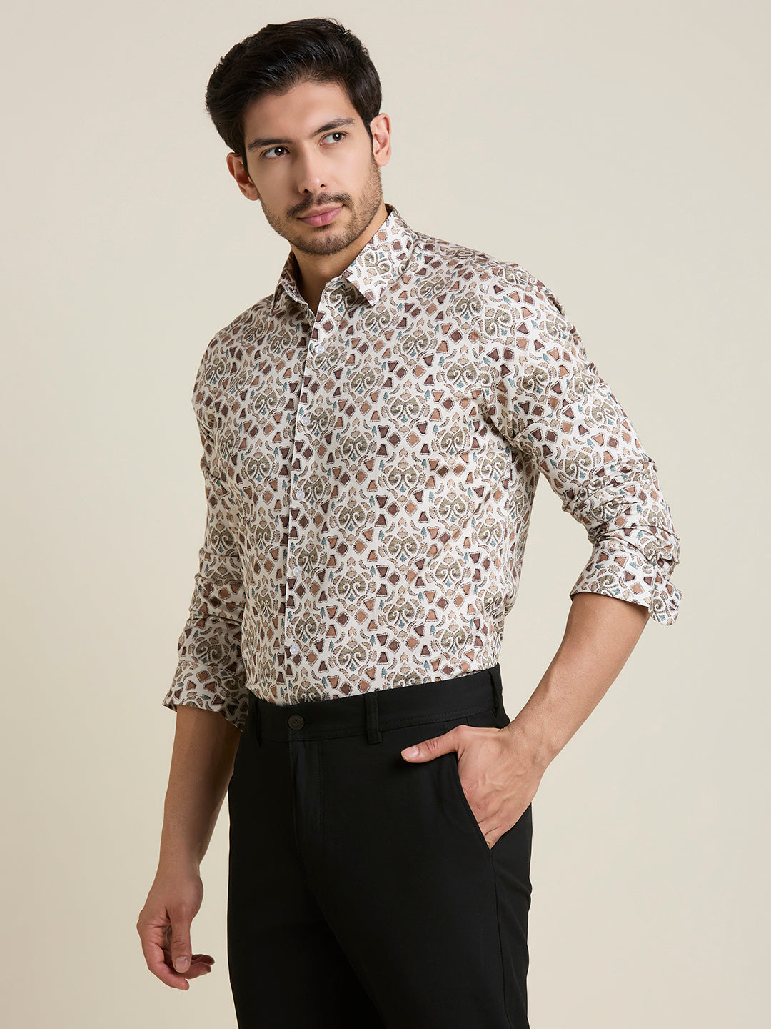 Men's Slim Fit White Printed 100% Cotton Shirt | Mark & Albert