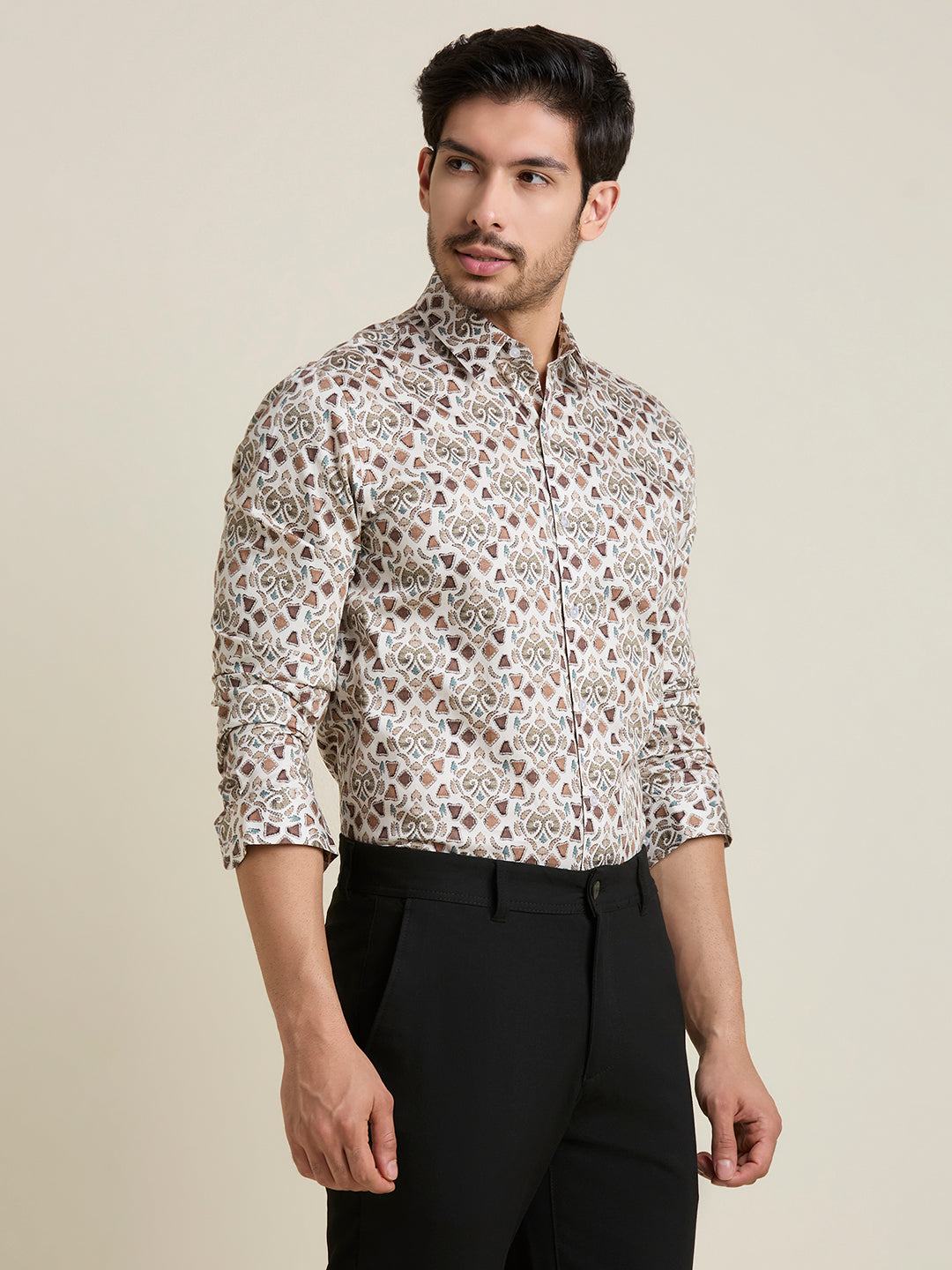 Men's Slim Fit White Printed 100% Cotton Shirt | Mark & Albert