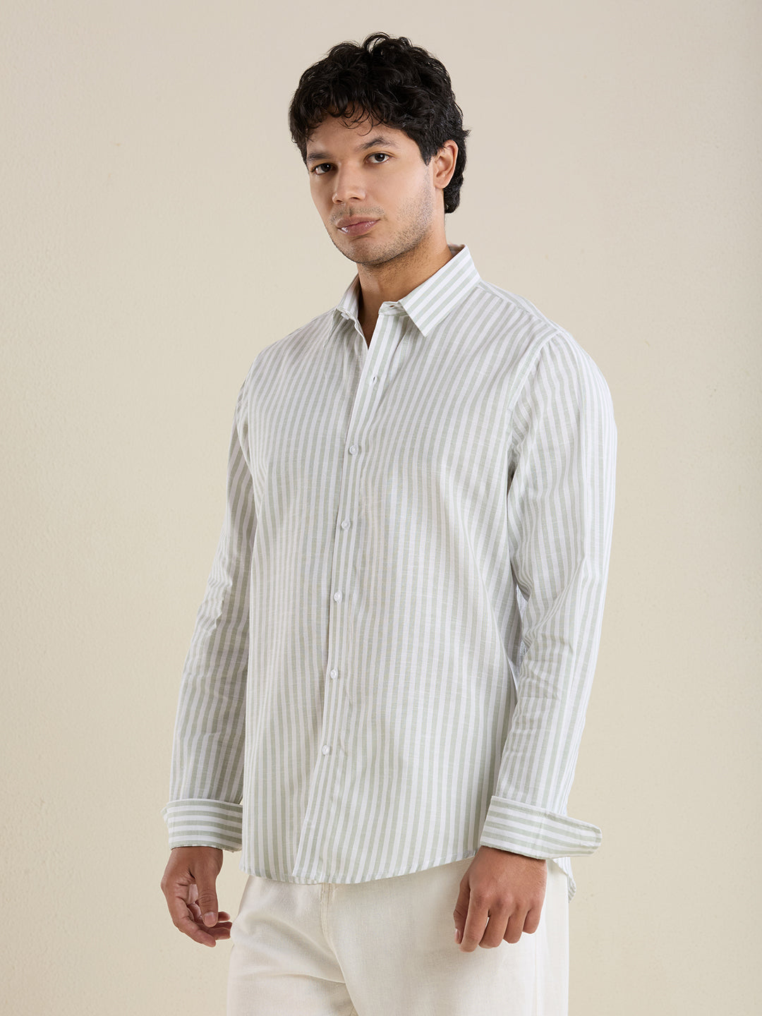 Slim Fit Sage Green Vertical Striped Linen Shirt