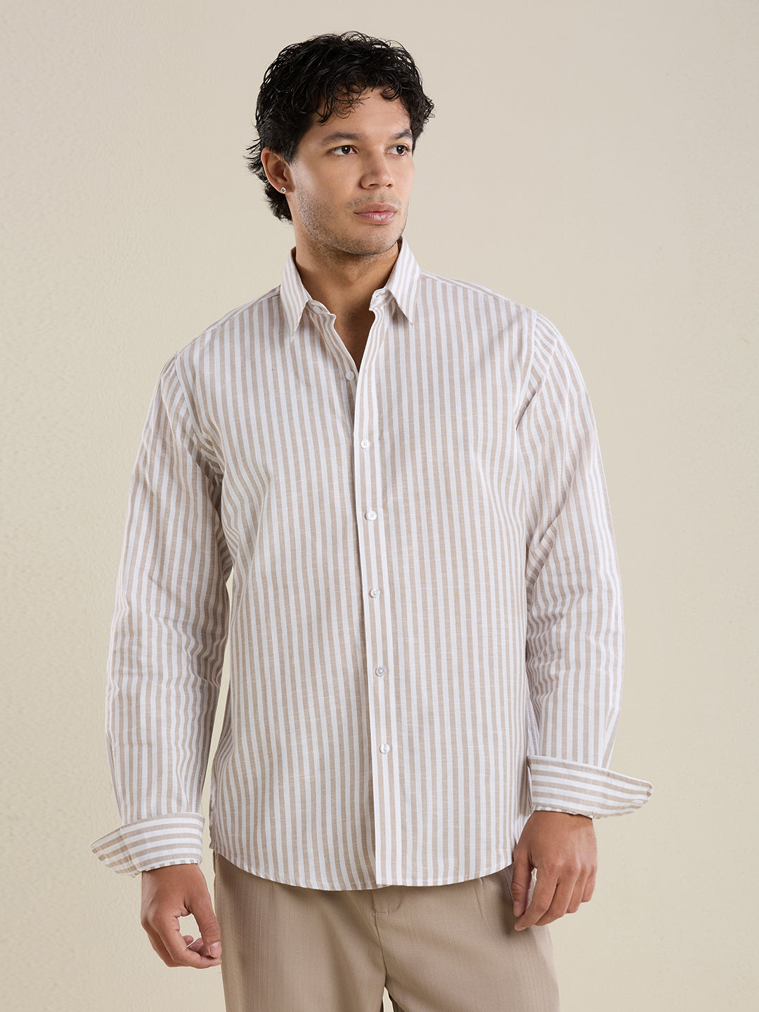 Slim Fit Sand Beige Striped Linen Shirt