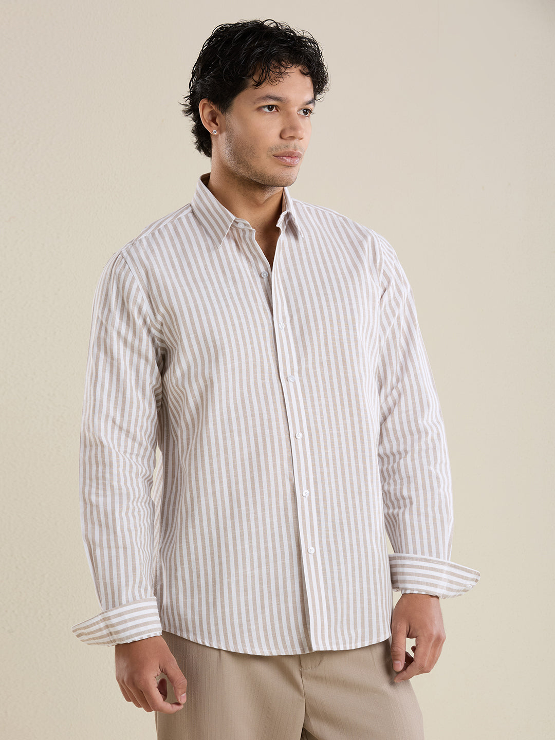 Slim Fit Sand Beige Striped Linen Shirt