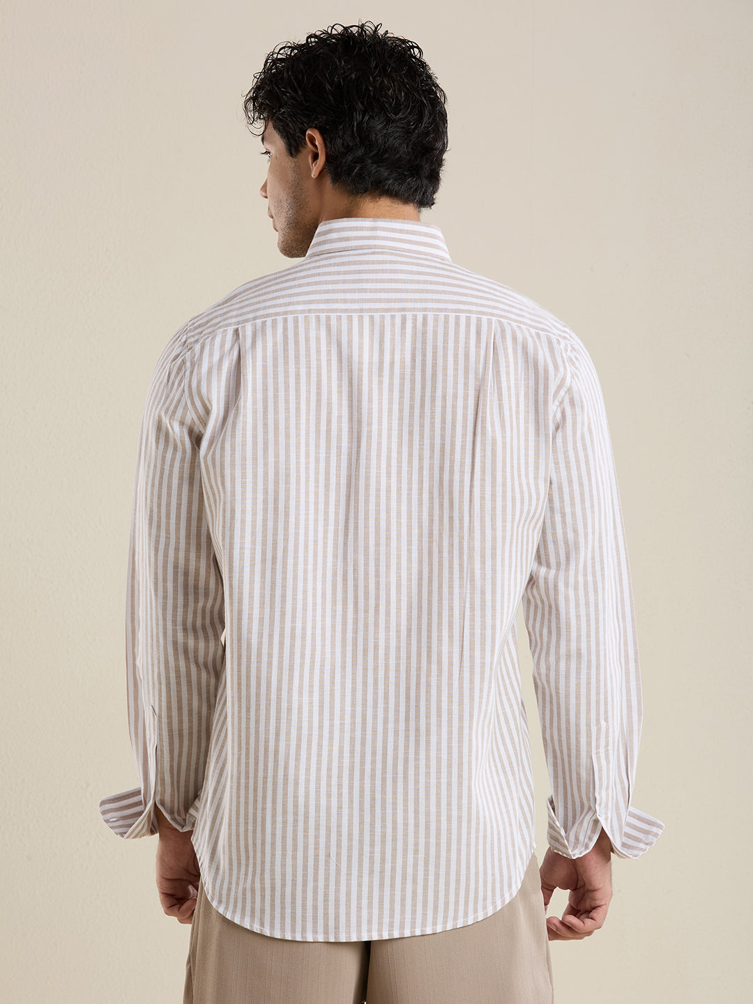 Slim Fit Sand Beige Striped Linen Shirt