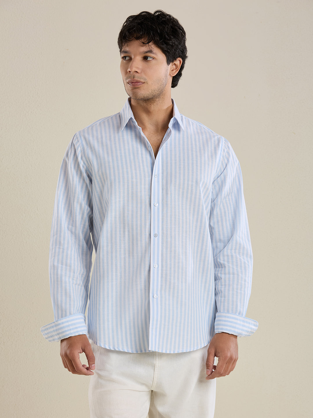 Slim Fit Sky Blue Vertical Striped Linen Shirt