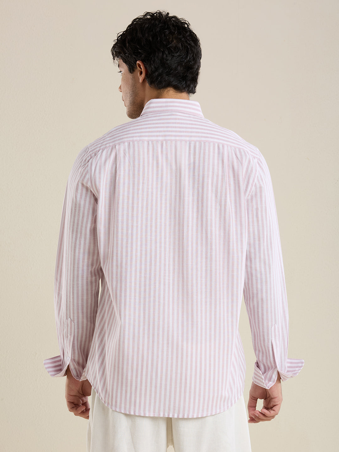 Slim Fit Rose Pink Vertical Striped Linen Shirt