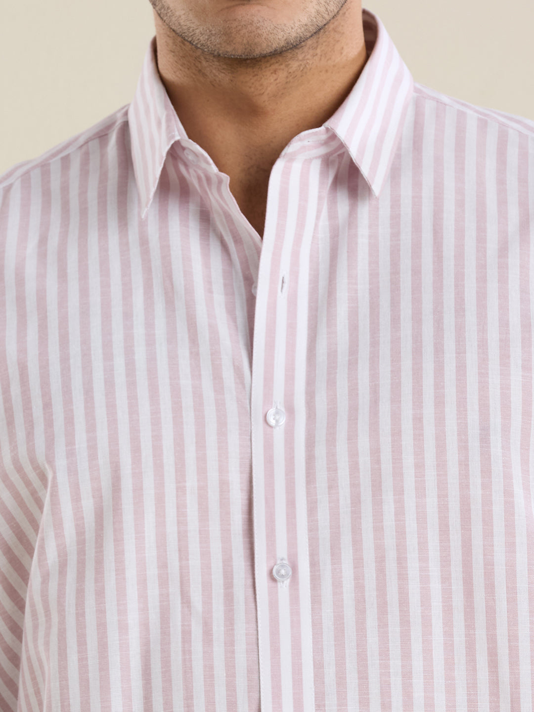 Slim Fit Rose Pink Vertical Striped Linen Shirt